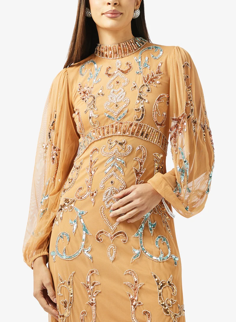 Frock And Frill  Embellished Puff Sleeve Maxi Dress for Women | Best Price UAE